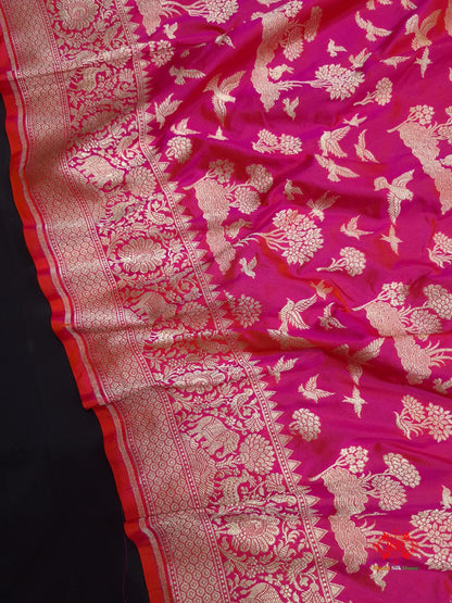 Handloom Banarasi Shikargah Katan Silk Saree In Shades Of Pink - Bharat Silk House Pure Kataan Silk
