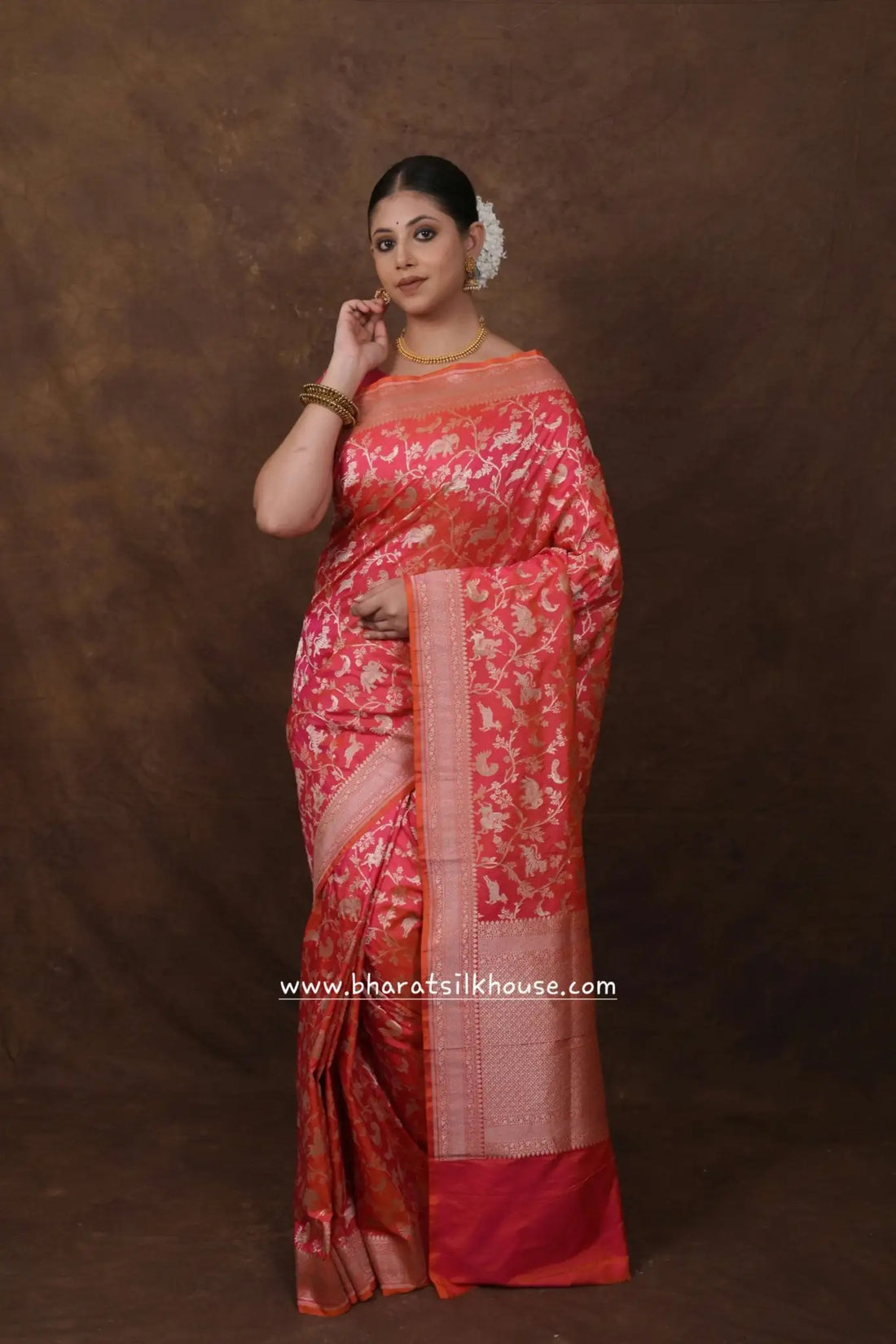 Handloom Banarasi Shikargah Katan Silk Saree In Shades Of Pink - Bharat Silk House Pure Kataan Silk