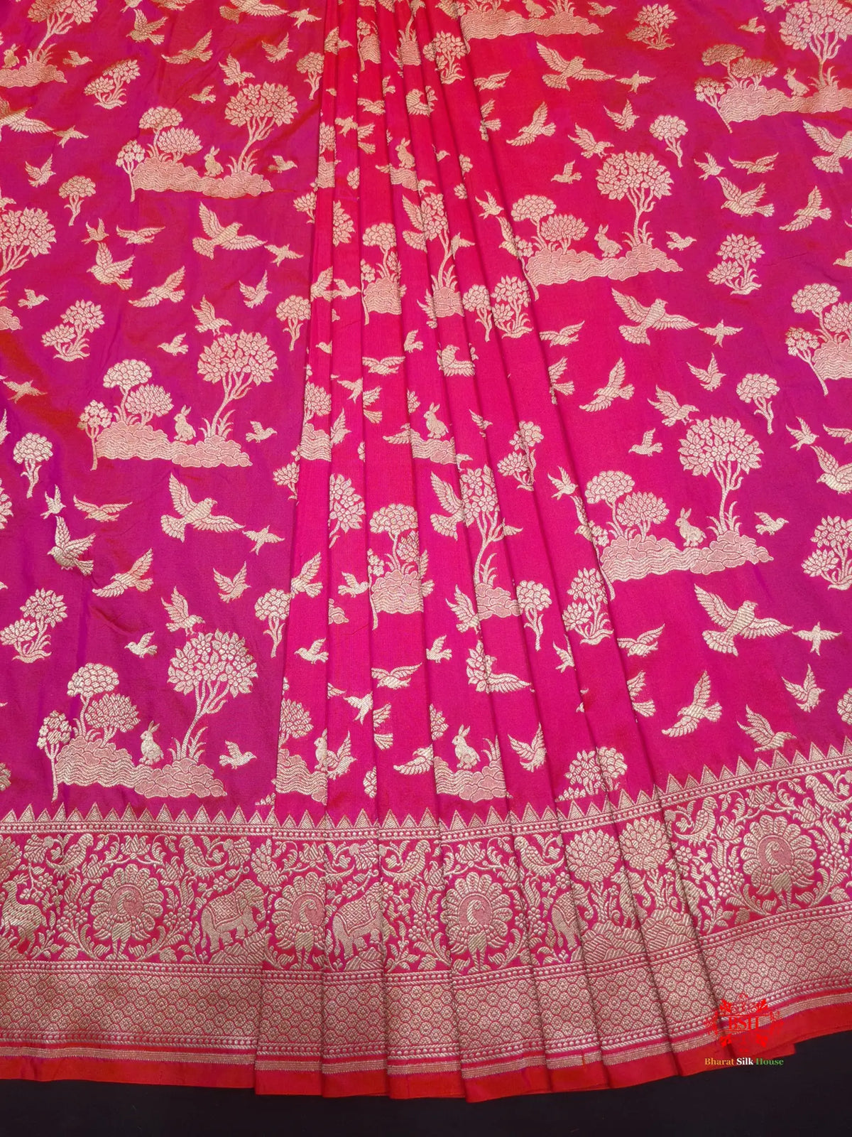 Handloom Banarasi Shikargah Katan Silk Saree In Shades Of Pink - Bharat Silk House Pure Kataan Silk