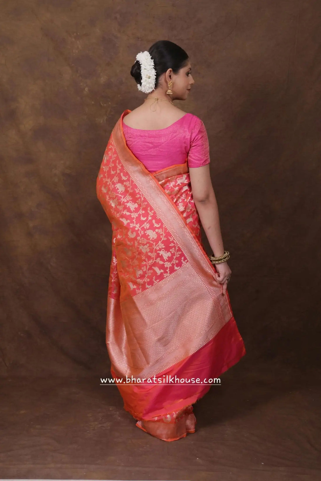 Handloom Banarasi Shikargah Katan Silk Saree In Shades Of Pink - Bharat Silk House Pure Kataan Silk