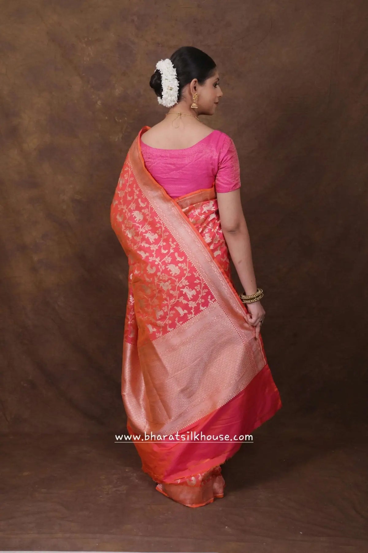 Handloom Banarasi Shikargah Katan Silk Saree In Shades Of Pink - Bharat Silk House Pure Kataan Silk