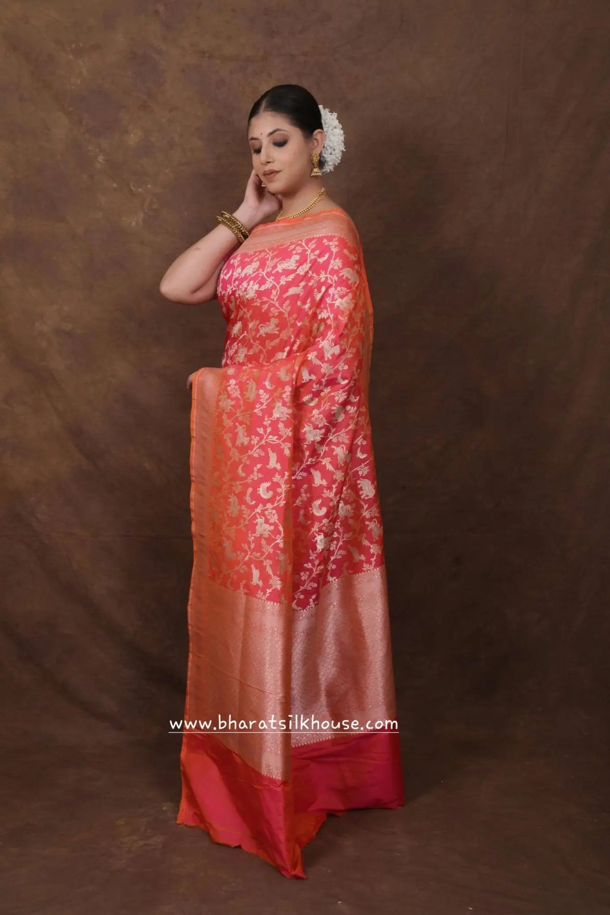 Handloom Banarasi Shikargah Katan Silk Saree In Shades Of Pink - Bharat Silk House Pure Kataan Silk