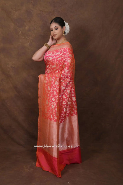 Handloom Banarasi Shikargah Katan Silk Saree In Shades Of Pink - Bharat Silk House Pure Kataan Silk