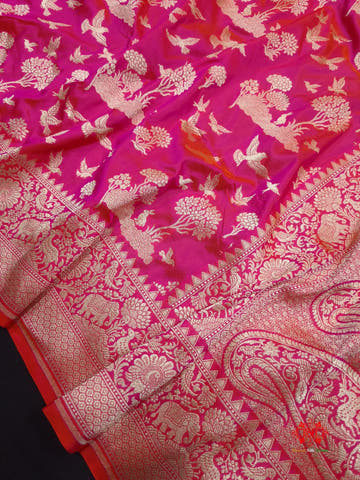 Handloom Banarasi Shikargah Katan Silk Saree In Shades Of Pink - Bharat Silk House Pure Kataan Silk