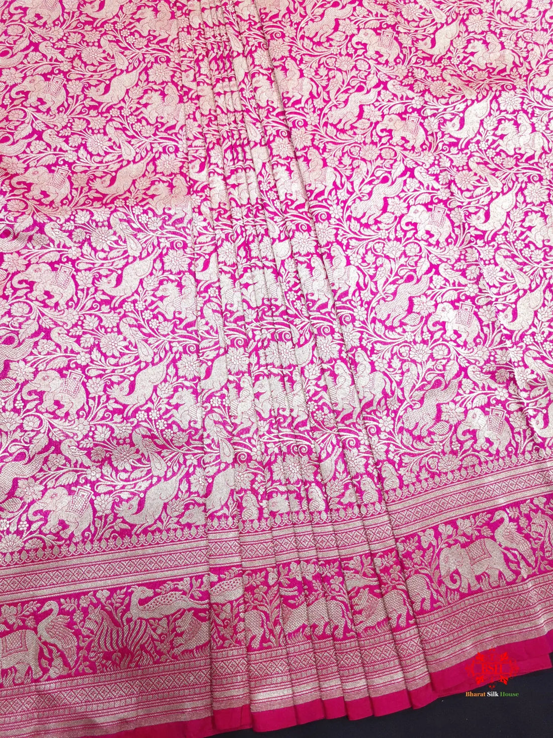 Handloom Banarasi Shikargah Katan Silk Saree In Shades Of Rani - Bharat Silk House Pure Kataan Silk