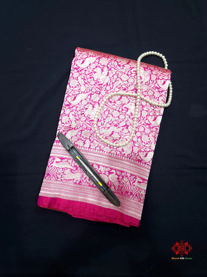 Handloom Banarasi Shikargah Katan Silk Saree In Shades Of Rani - Bharat Silk House Pure Kataan Silk