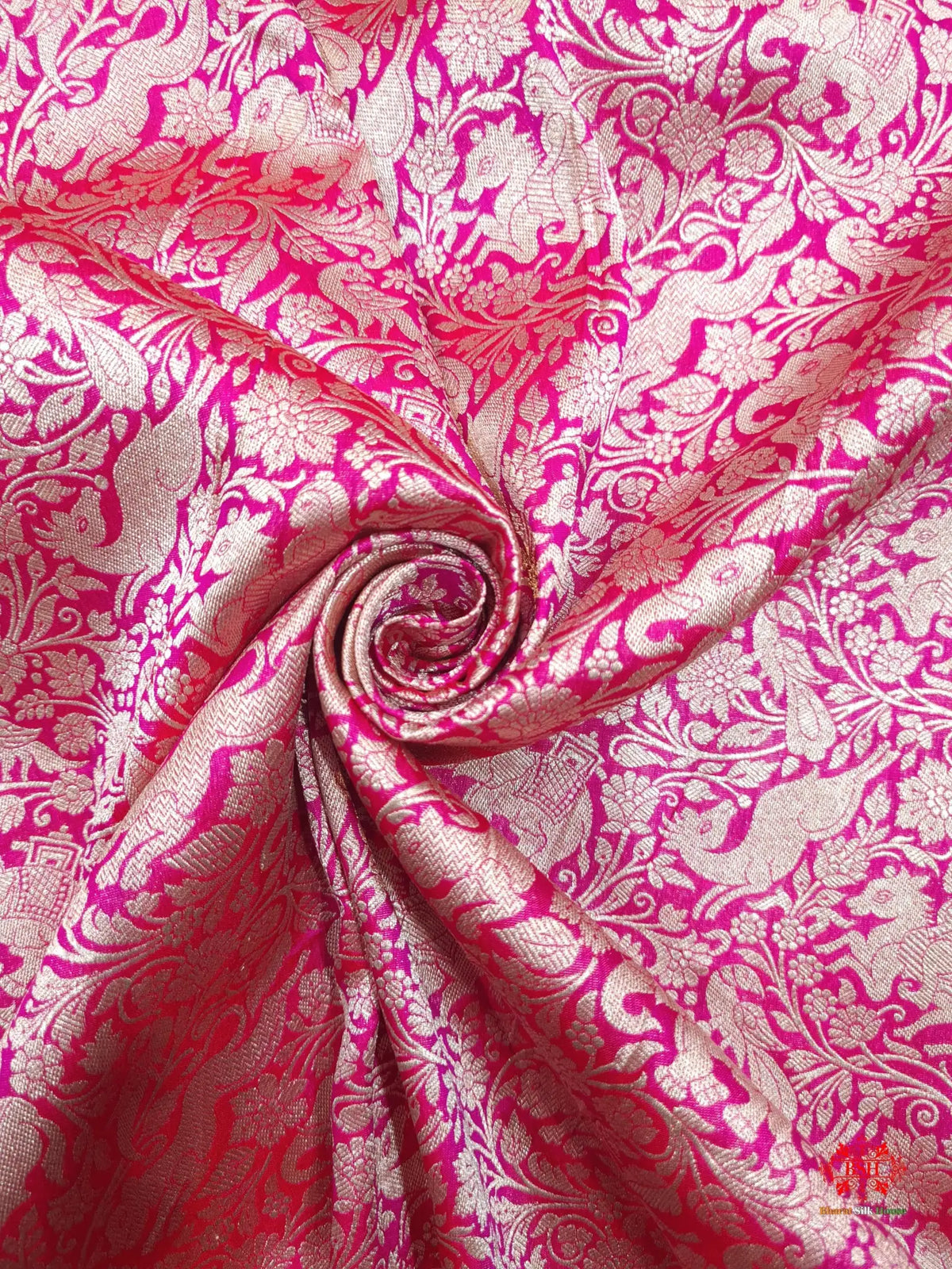 Handloom Banarasi Shikargah Katan Silk Saree In Shades Of Rani - Bharat Silk House Pure Kataan Silk