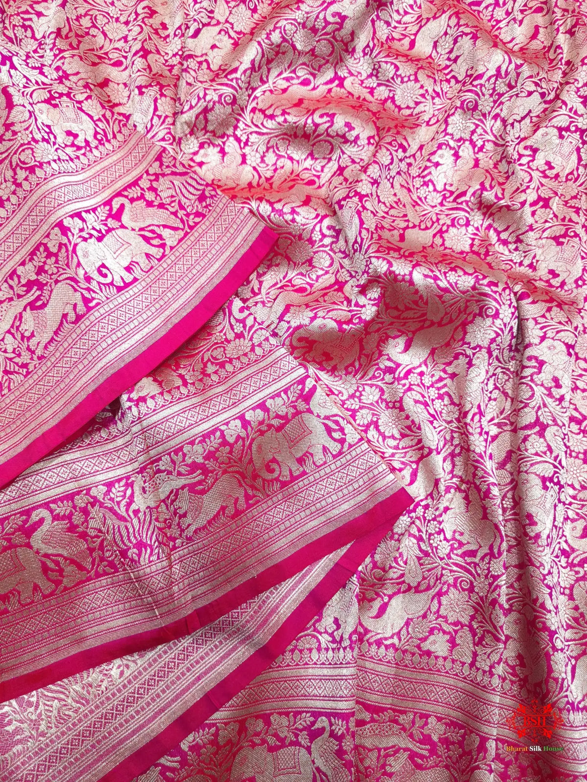 Handloom Banarasi Shikargah Katan Silk Saree In Shades Of Rani - Bharat Silk House Pure Kataan Silk
