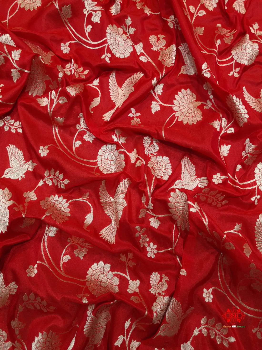 Handloom Banarasi Shikargah Katan Silk Saree In Shades Of Red - Bharat Silk House Pure Kataan Silk