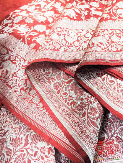 Handloom Banarasi Shikargah Katan Silk Saree In Shades Of Red - Bharat Silk House Pure Kataan Silk