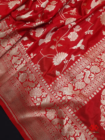 Handloom Banarasi Shikargah Katan Silk Saree In Shades Of Red - Bharat Silk House Pure Kataan Silk
