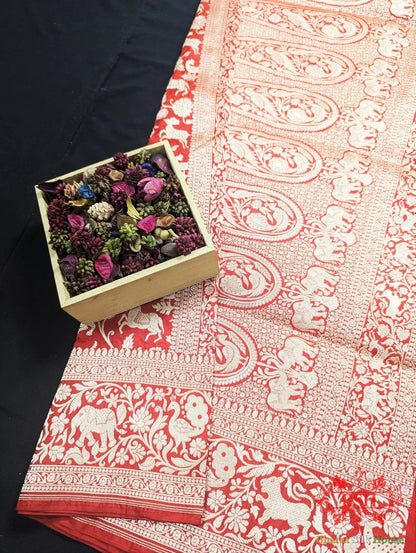 Handloom Banarasi Shikargah Katan Silk Saree In Shades Of Red - Bharat Silk House Pure Kataan Silk