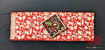 Handloom Banarasi Shikargah Katan Silk Saree In Shades Of Red - Bharat Silk House Pure Kataan Silk