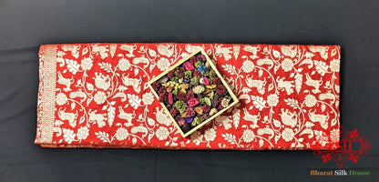 Handloom Banarasi Shikargah Katan Silk Saree In Shades Of Red - Bharat Silk House Pure Kataan Silk