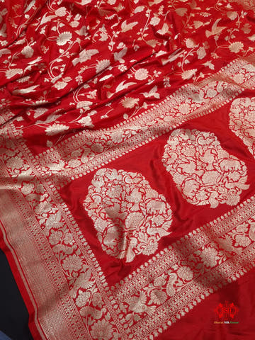Handloom Banarasi Shikargah Katan Silk Saree In Shades Of Red - Bharat Silk House Pure Kataan Silk