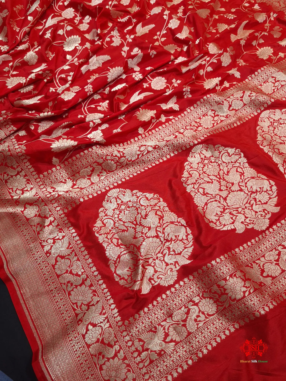 Handloom Banarasi Shikargah Katan Silk Saree In Shades Of Red - Bharat Silk House Pure Kataan Silk