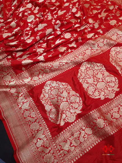 Handloom Banarasi Shikargah Katan Silk Saree In Shades Of Red - Bharat Silk House Pure Kataan Silk