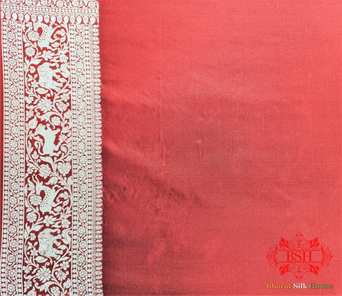 Handloom Banarasi Shikargah Katan Silk Saree In Shades Of Red - Bharat Silk House Pure Kataan Silk