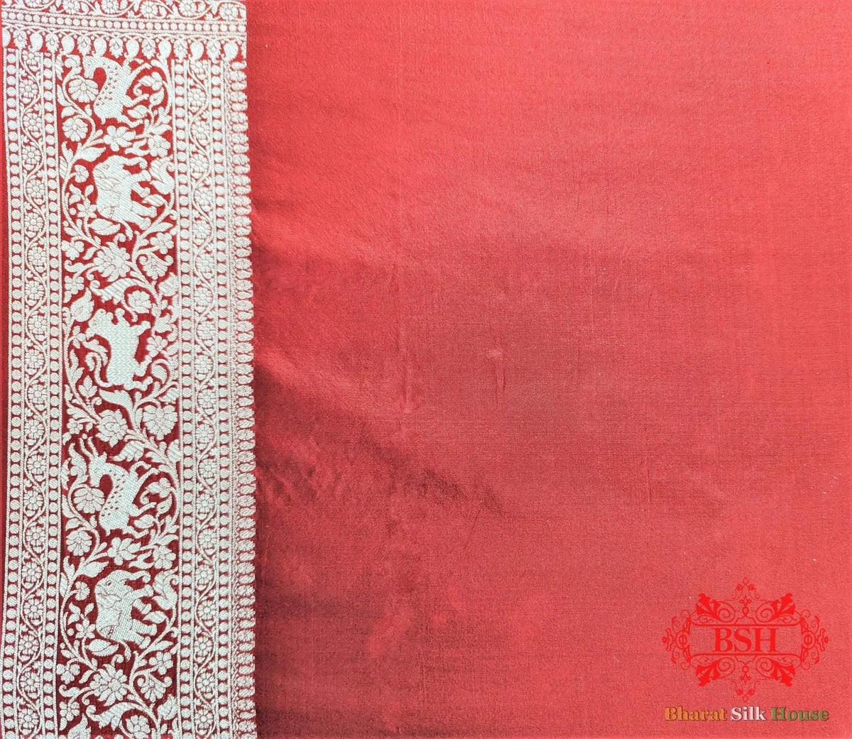 Handloom Banarasi Shikargah Katan Silk Saree In Shades Of Red - Bharat Silk House Pure Kataan Silk
