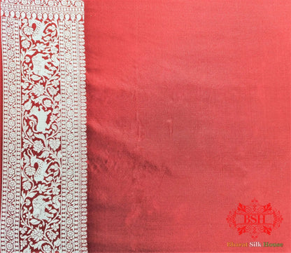 Handloom Banarasi Shikargah Katan Silk Saree In Shades Of Red - Bharat Silk House Pure Kataan Silk