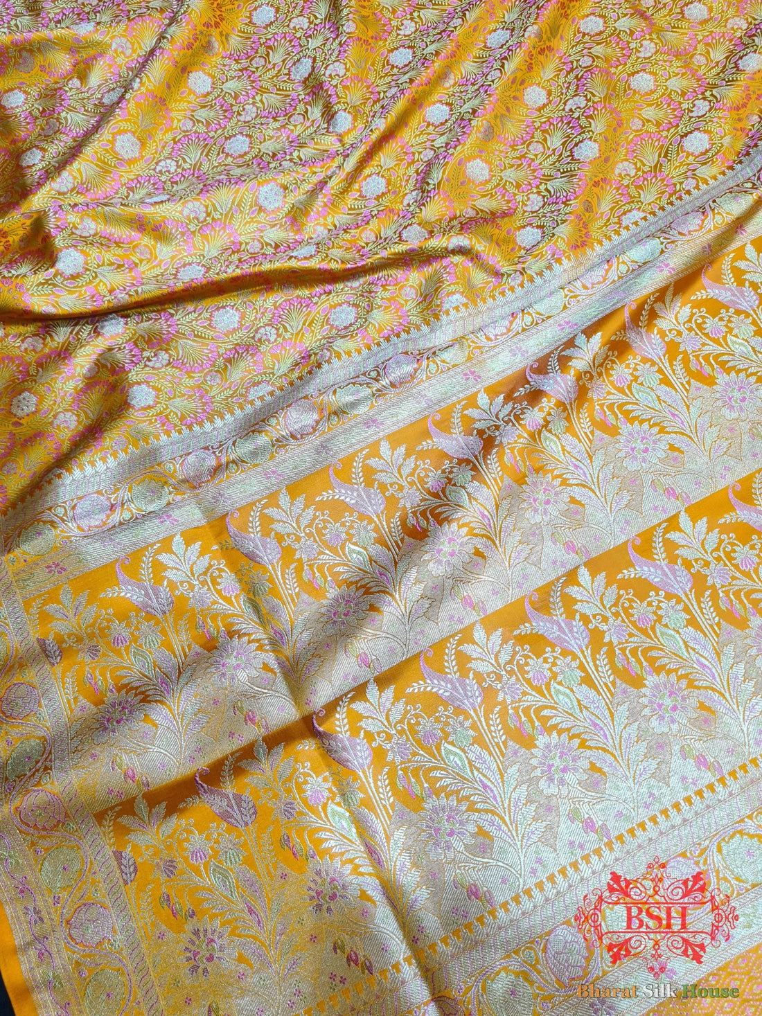 Honey Shades Of Yellow Dohri Resham Zari Booti Tanchoi Silk Saree - Bharat Silk House Tanchoi katan