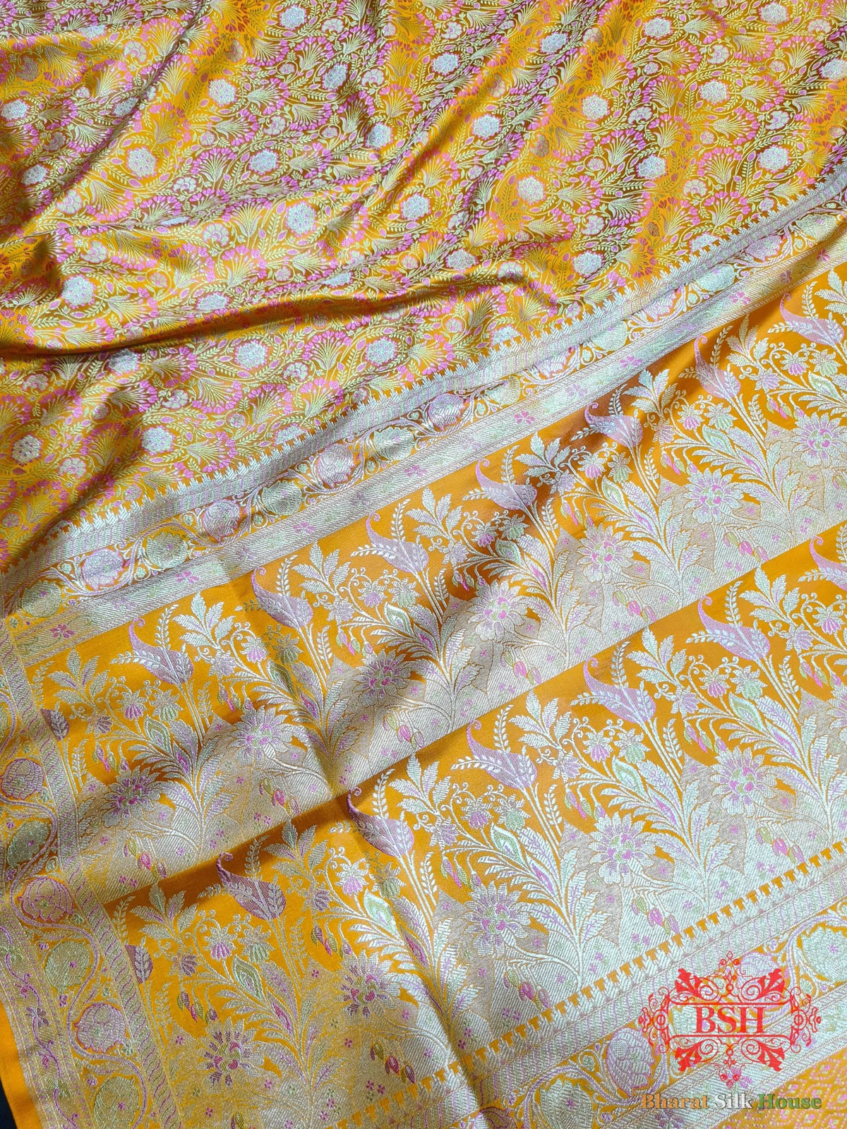 Honey Shades Of Yellow Dohri Resham Zari Booti Tanchoi Silk Saree - Bharat Silk House Tanchoi katan