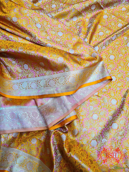 Honey Shades Of Yellow Dohri Resham Zari Booti Tanchoi Silk Saree - Bharat Silk House Tanchoi katan