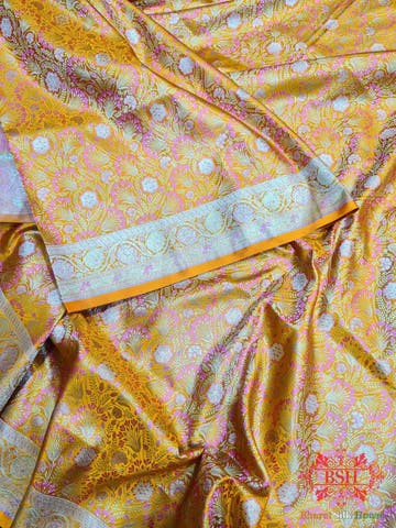 Honey Shades Of Yellow Dohri Resham Zari Booti Tanchoi Silk Saree - Bharat Silk House Tanchoi katan