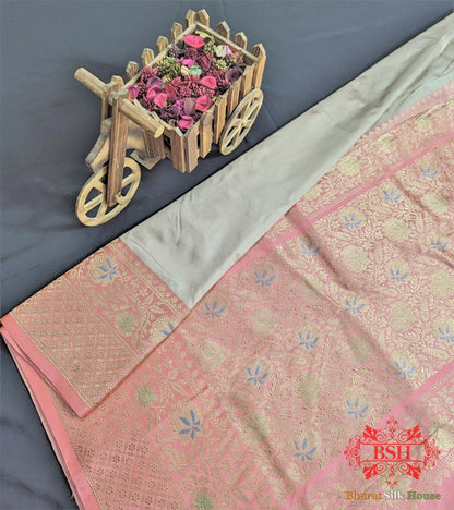 Ivory Pure Katan Silk Banarasi Handloom Saree - Bharat Silk House Pure Kataan Silk