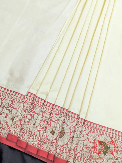 Ivory Pure Katan Silk Banarasi Handloom Saree - Bharat Silk House Pure Kataan Silk