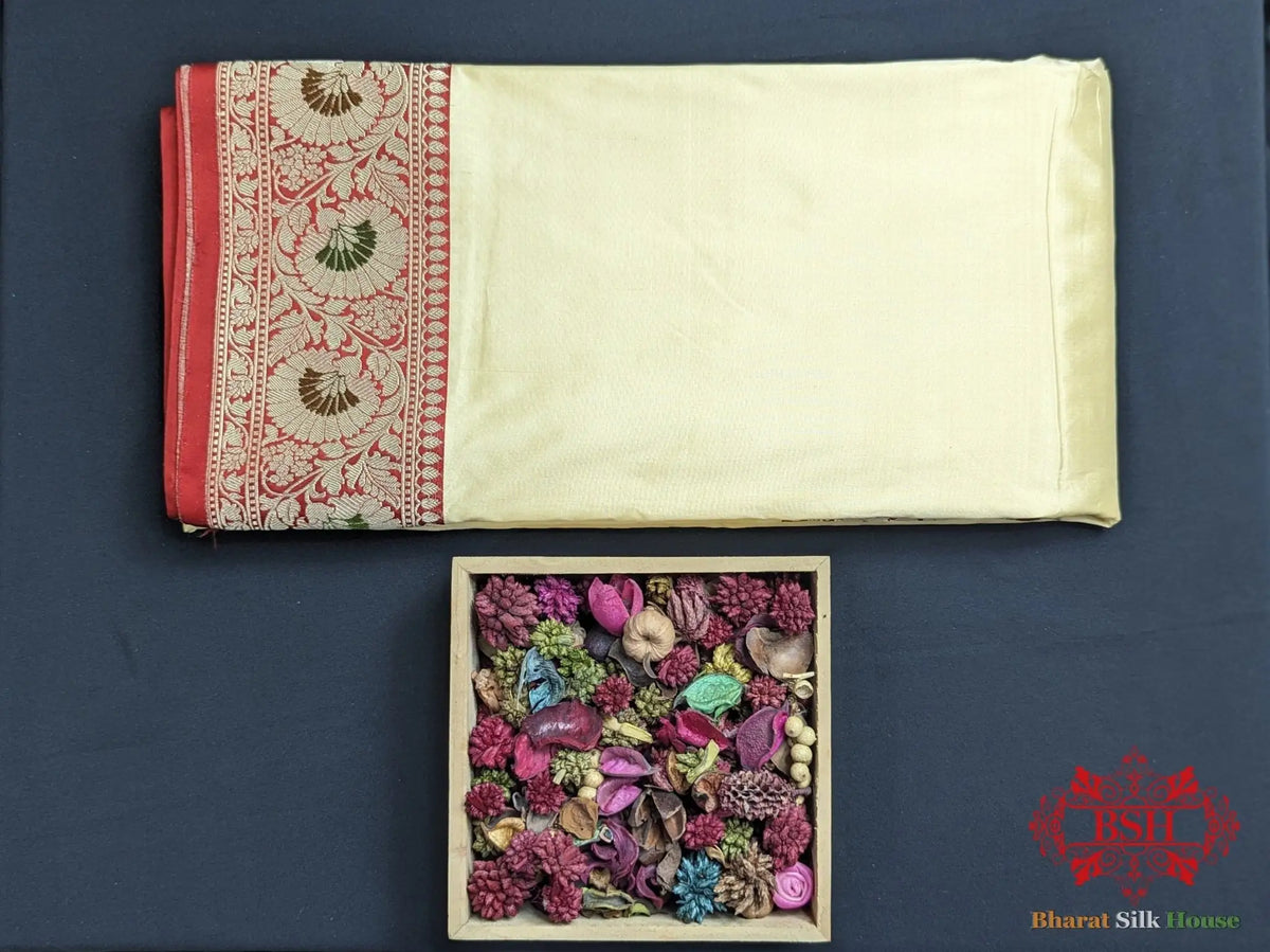 Ivory Pure Katan Silk Banarasi Handloom Saree - Bharat Silk House Pure Kataan Silk