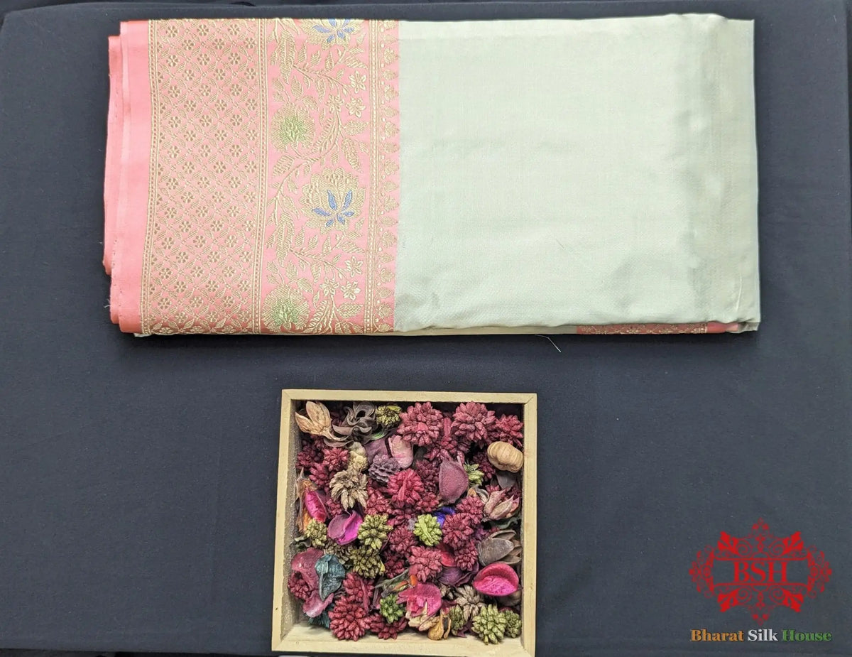 Ivory Pure Katan Silk Banarasi Handloom Saree - Bharat Silk House Pure Kataan Silk
