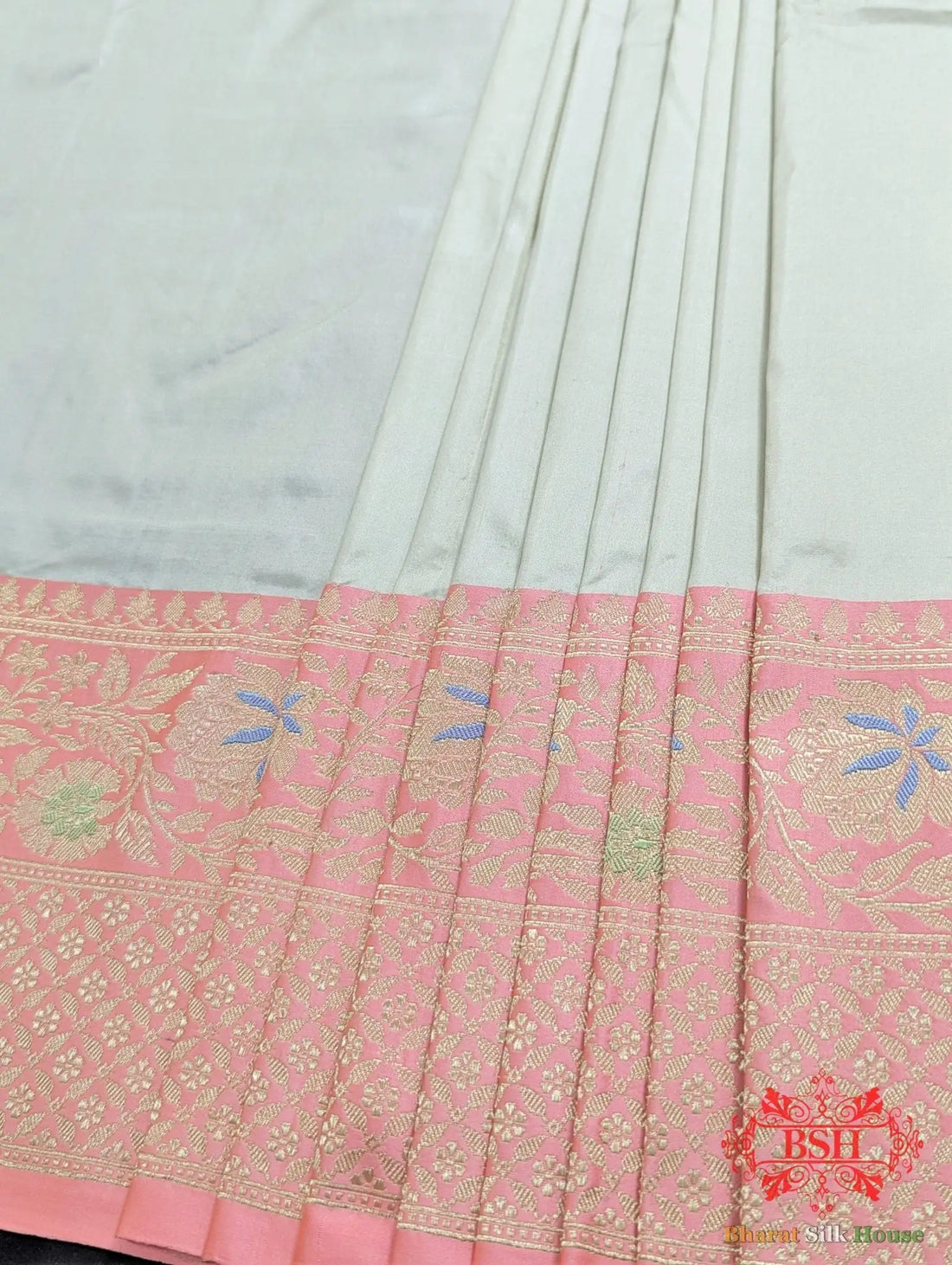 Ivory Pure Katan Silk Banarasi Handloom Saree - Bharat Silk House Pure Kataan Silk