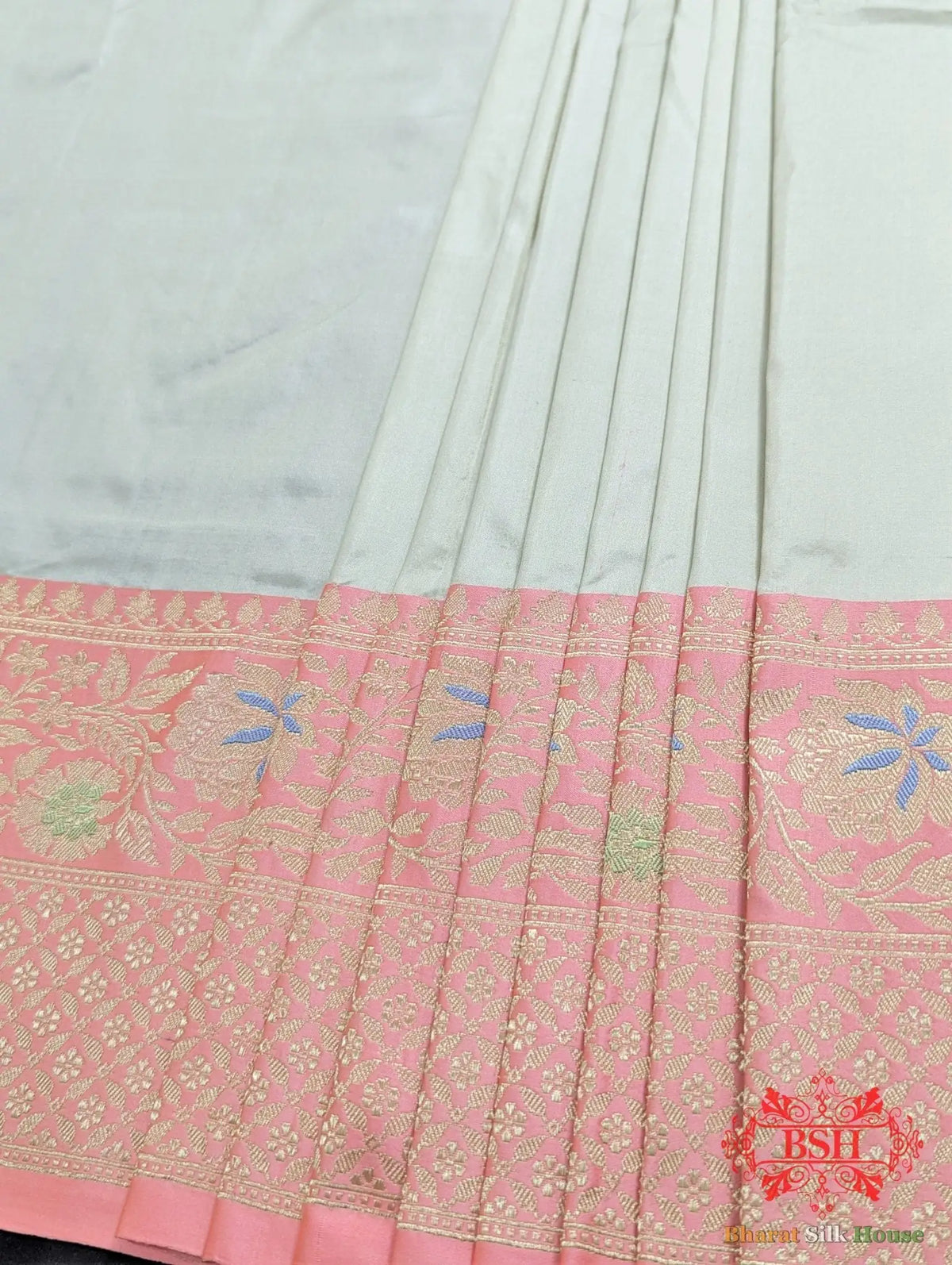 Ivory Pure Katan Silk Banarasi Handloom Saree - Bharat Silk House Pure Kataan Silk