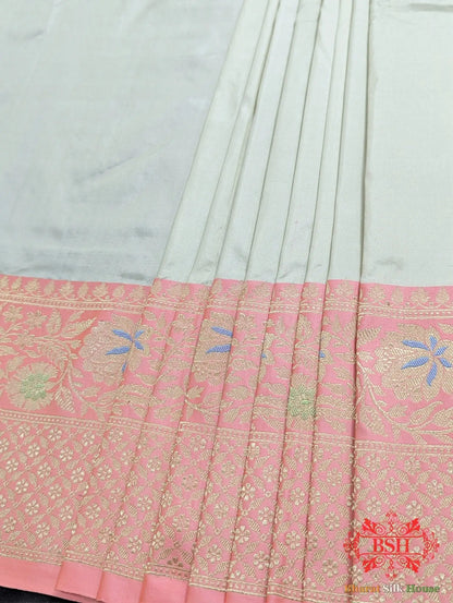 Ivory Pure Katan Silk Banarasi Handloom Saree - Bharat Silk House Pure Kataan Silk