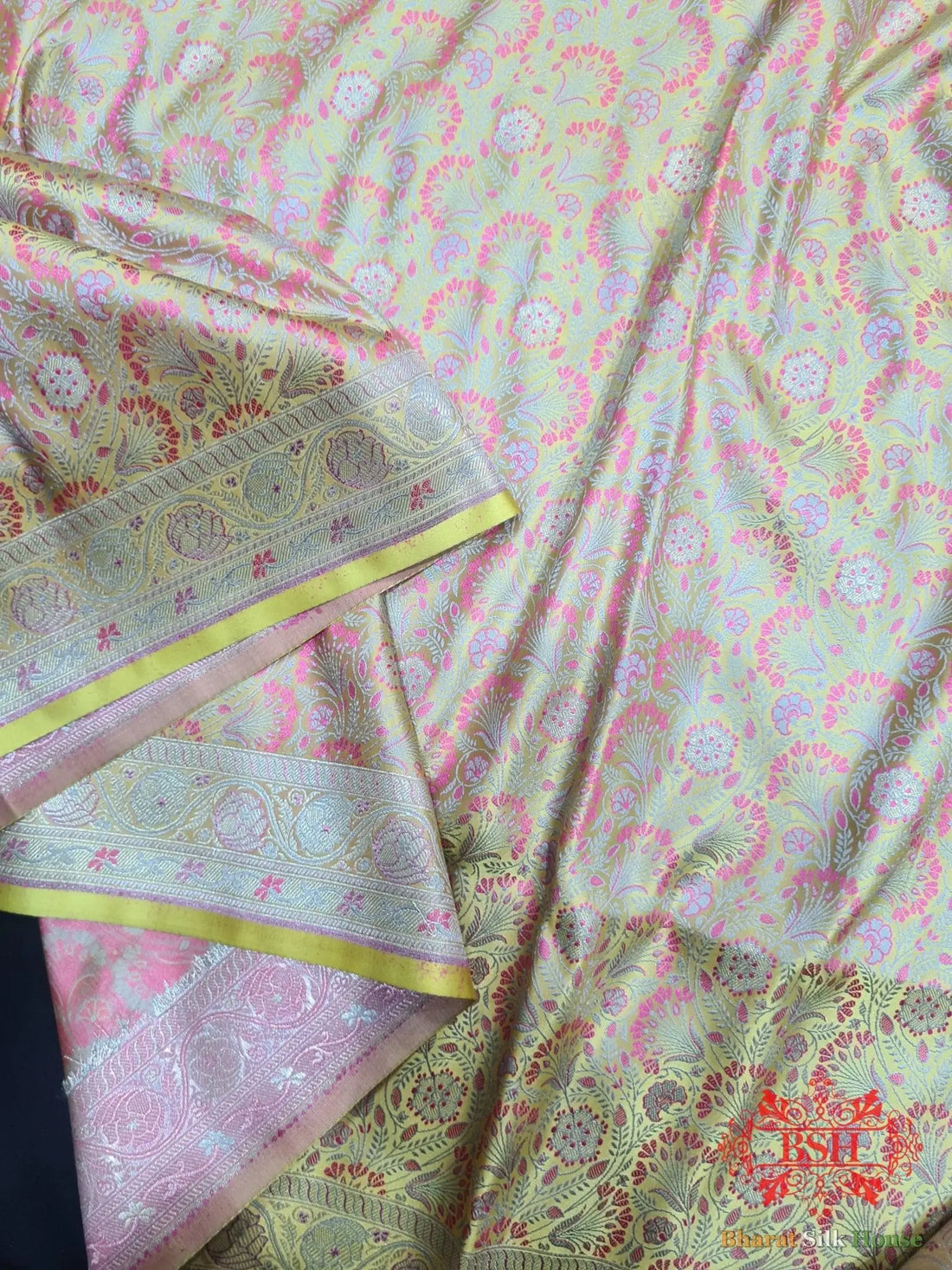 Lemon Shades Of Yellow Dohri Resham Zari Booti Tanchoi Silk Saree - Bharat Silk House Tanchoi katan