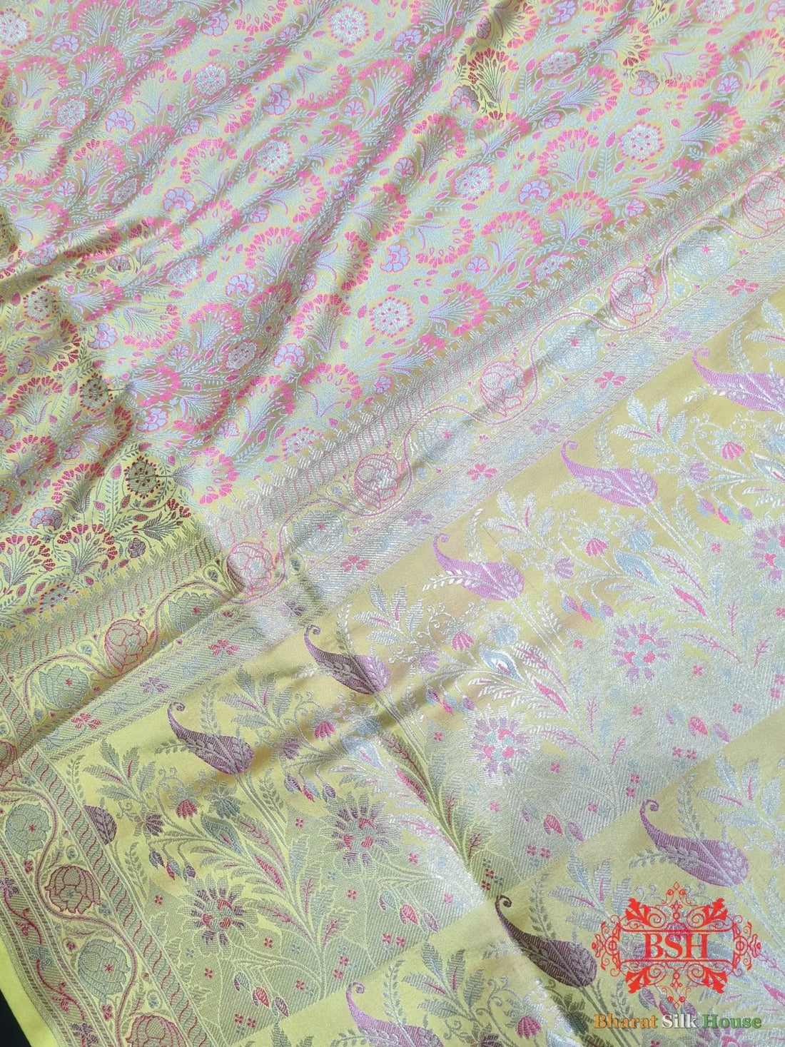 Lemon Shades Of Yellow Dohri Resham Zari Booti Tanchoi Silk Saree - Bharat Silk House Tanchoi katan