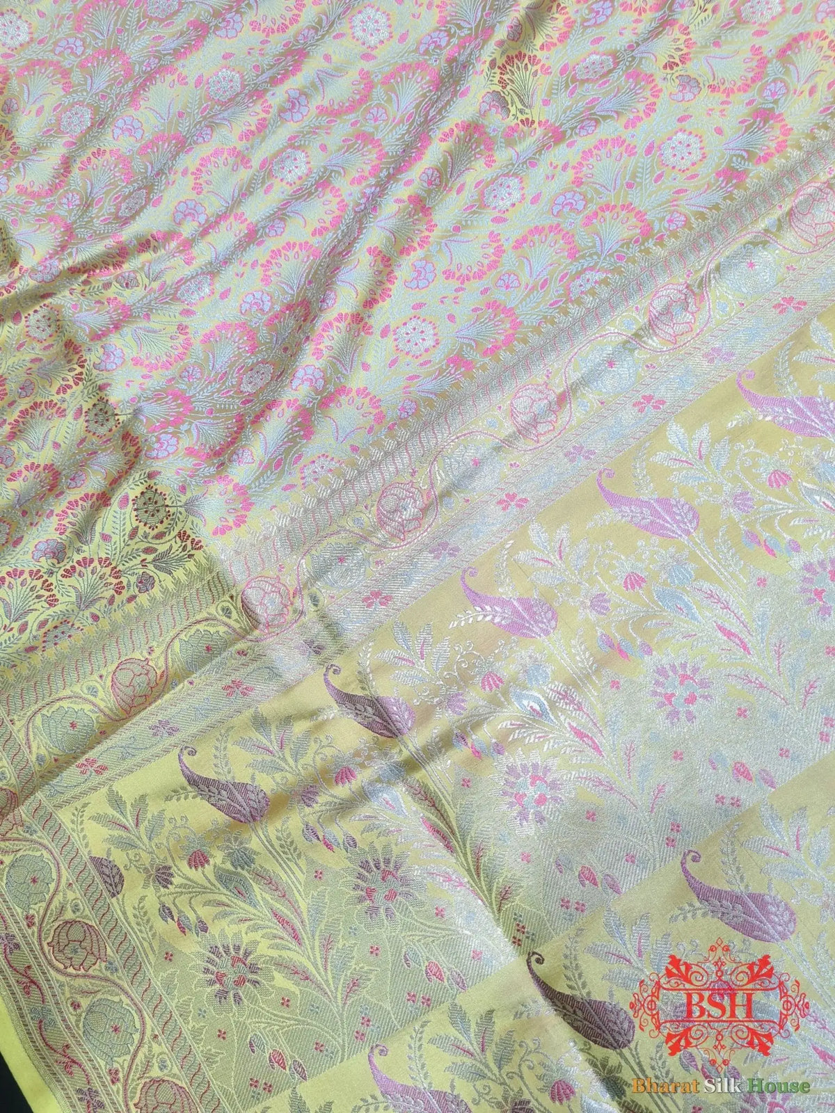 Lemon Shades Of Yellow Dohri Resham Zari Booti Tanchoi Silk Saree - Bharat Silk House Tanchoi katan