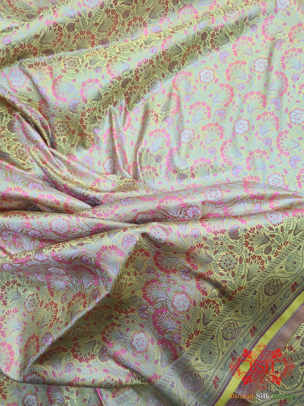 Lemon Shades Of Yellow Dohri Resham Zari Booti Tanchoi Silk Saree - Bharat Silk House Tanchoi katan