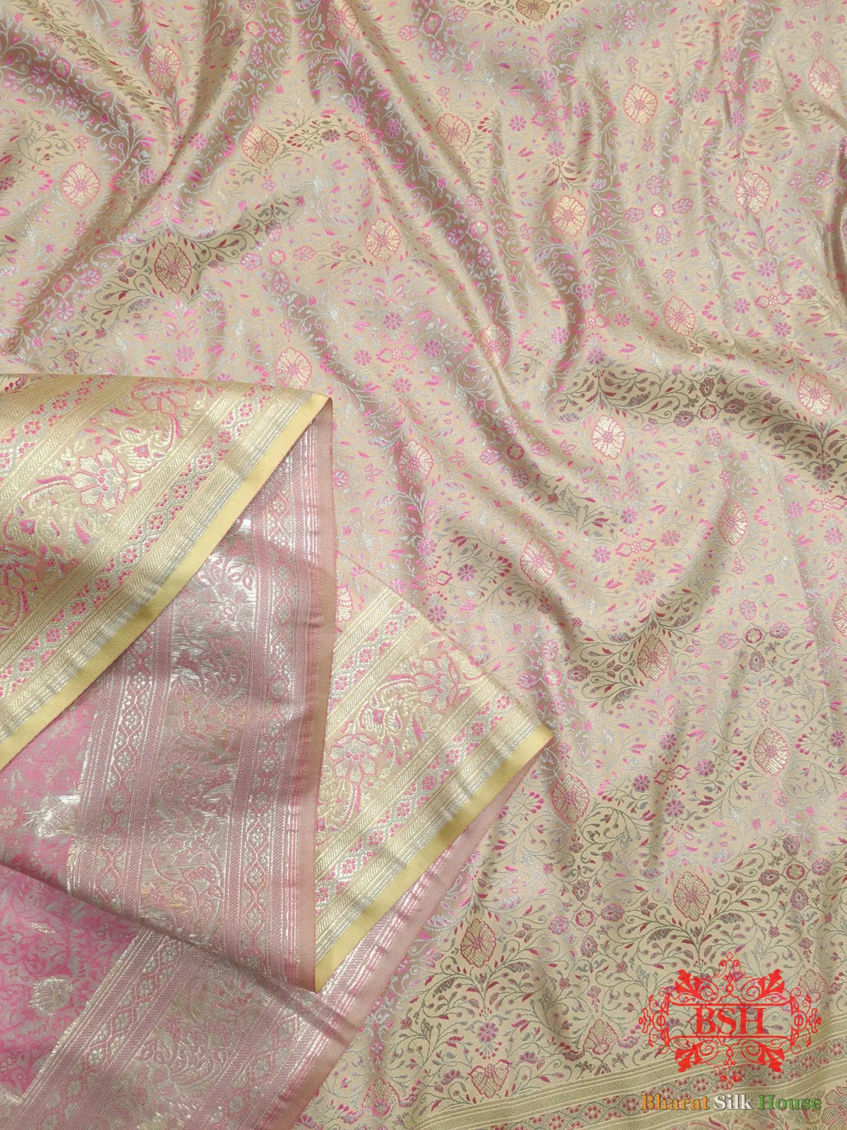 Light Pink Dohri Resham Zari Booti Tanchoi Silk Saree - Bharat Silk House Tanchoi katan