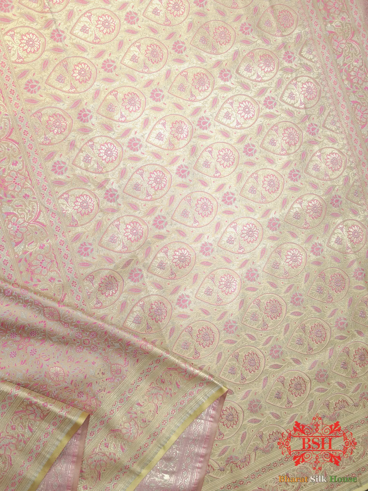 Light Pink Dohri Resham Zari Booti Tanchoi Silk Saree - Bharat Silk House Tanchoi katan