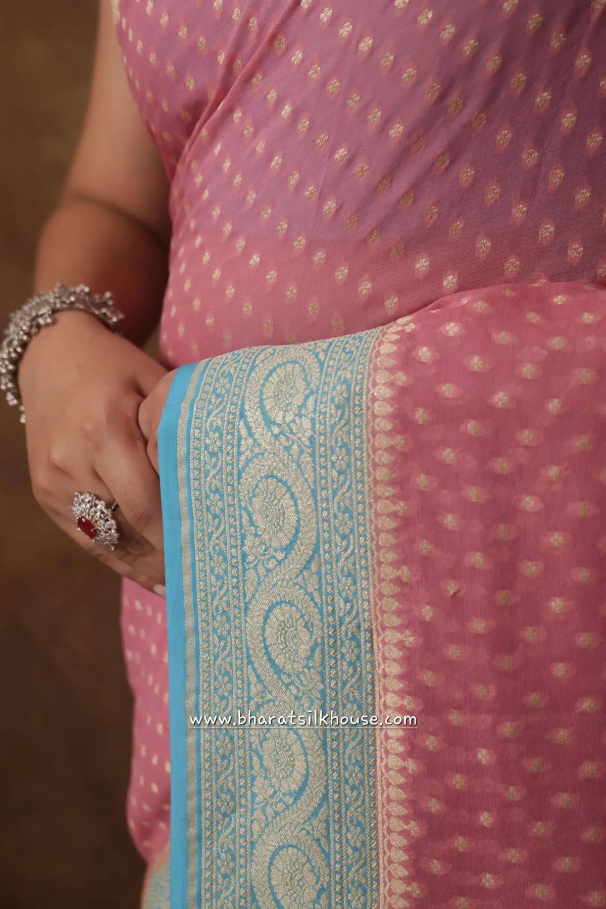Light Pink Pure Chiffon All Over Booti Saree - Bharat Silk House