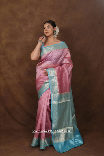 Light Pink With Blue Border Pure Dupion Silk Saree - Bharat Silk House