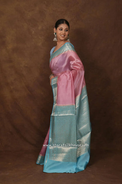 Light Pink With Blue Border Pure Dupion Silk Saree - Bharat Silk House