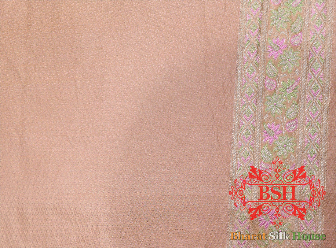 Light Shade Of Peach Dohri Resham Zari Booti Tanchoi Silk Saree - Bharat Silk House