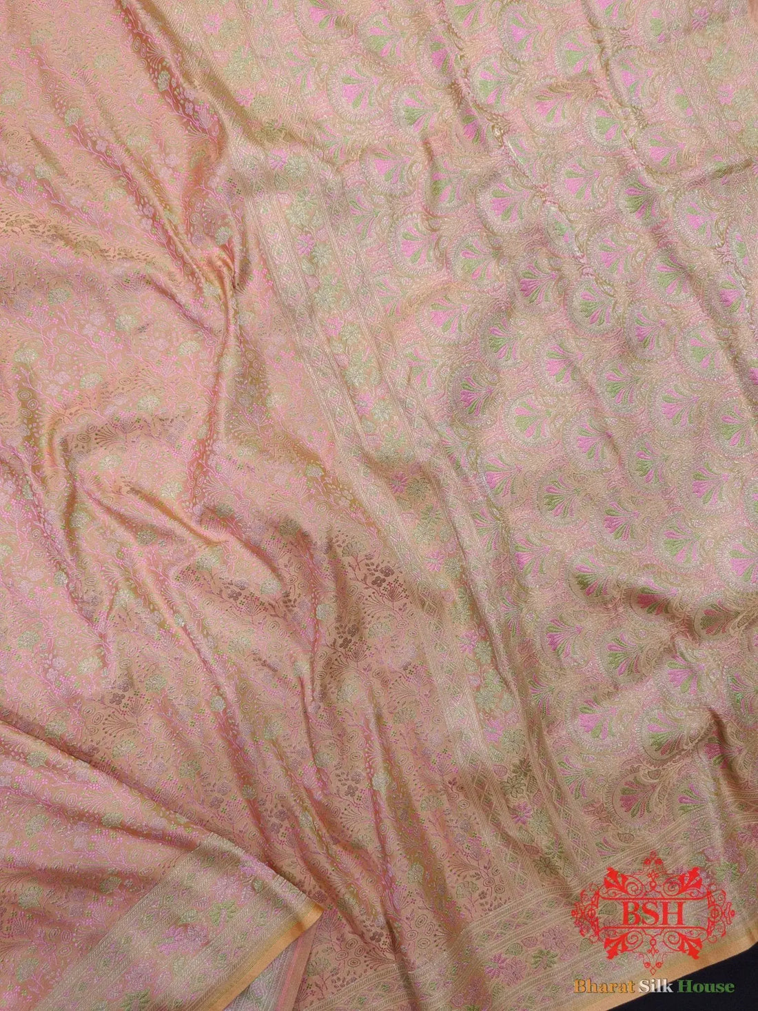 Light Shade Of Peach Dohri Resham Zari Booti Tanchoi Silk Saree - Bharat Silk House Tanchoi katan