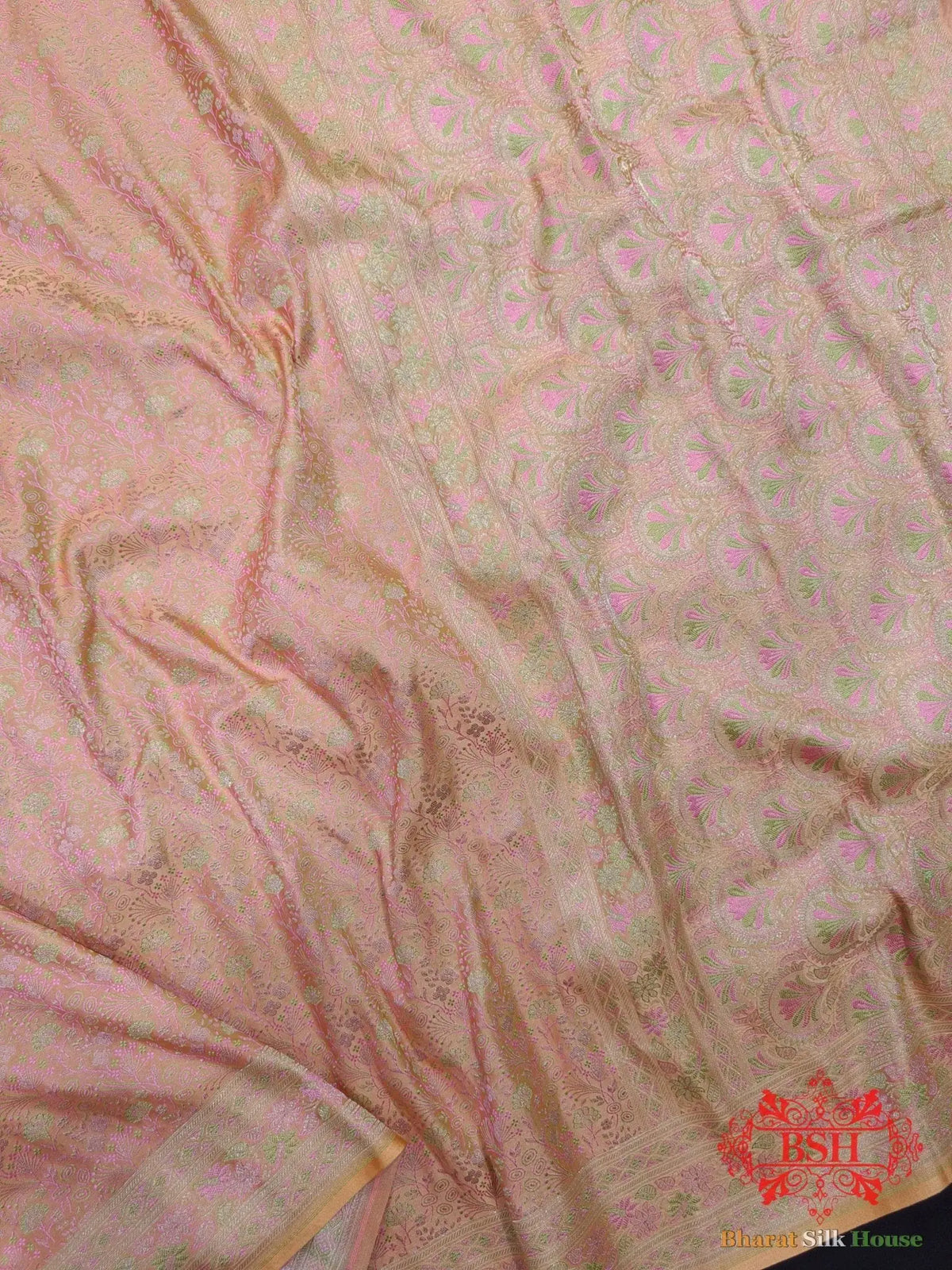 Light Shade Of Peach Dohri Resham Zari Booti Tanchoi Silk Saree - Bharat Silk House Tanchoi katan