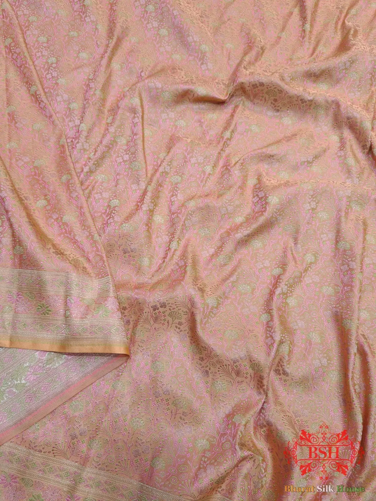 Light Shade Of Peach Dohri Resham Zari Booti Tanchoi Silk Saree - Bharat Silk House Tanchoi katan