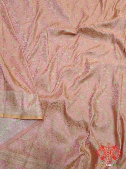 Light Shade Of Peach Dohri Resham Zari Booti Tanchoi Silk Saree - Bharat Silk House Tanchoi katan
