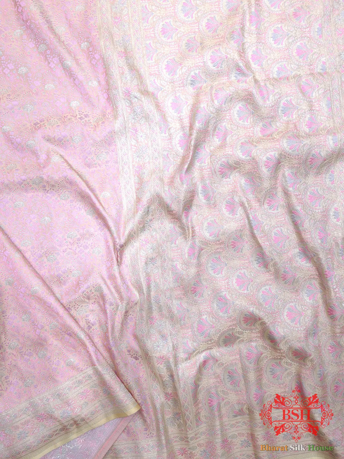 Light Shades Of Pink Dohri Resham Zari Booti Tanchoi Silk Saree - Bharat Silk House Tanchoi katan